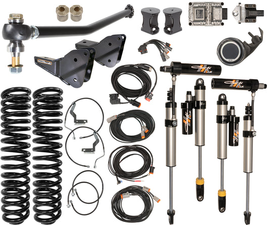 Explore the Carli Suspension 23+ Ford F-250/F-350 (4WD) Diesel 5.5" Lift Eventure System: a complete selection of off-road suspension components, such as coil springs, shock absorbers, control arms, mounting brackets, and wiring harnesses. It's perfectly designed for lift kit setups and elegantly presented on a pristine white background.