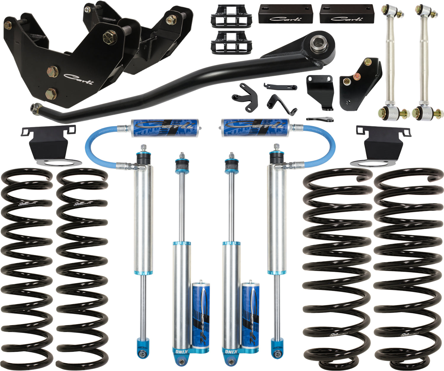 A collection of black and metallic car suspension components, featuring springs, shock absorbers, and brackets, displayed on a white background. These parts are included in the Carli Suspension 19-23 Ram 2500 Power Wagon (4WD - Coil/Coil) 3.0" Pintop System lift kit, specifically engineered to enhance the suspension performance of Dodge Ram vehicles.