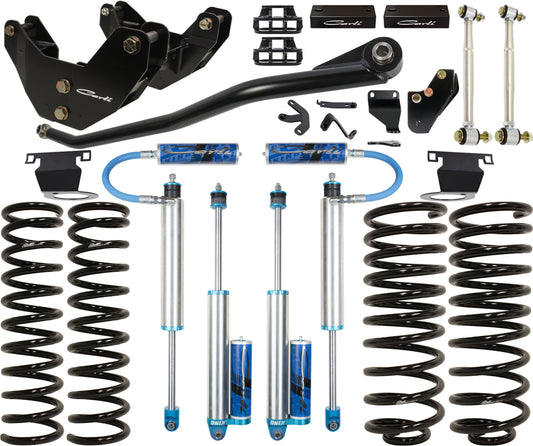 This image features the Carli Suspension 14-18 Ram 2500 Power Wagon (4WD - Coil/Coil) 2.0" Lift Pintop System R2 Coils. The components, including King 2.5 shocks, coil springs, and Carli Pintop control arms, are neatly arranged against a white background for easy viewing.