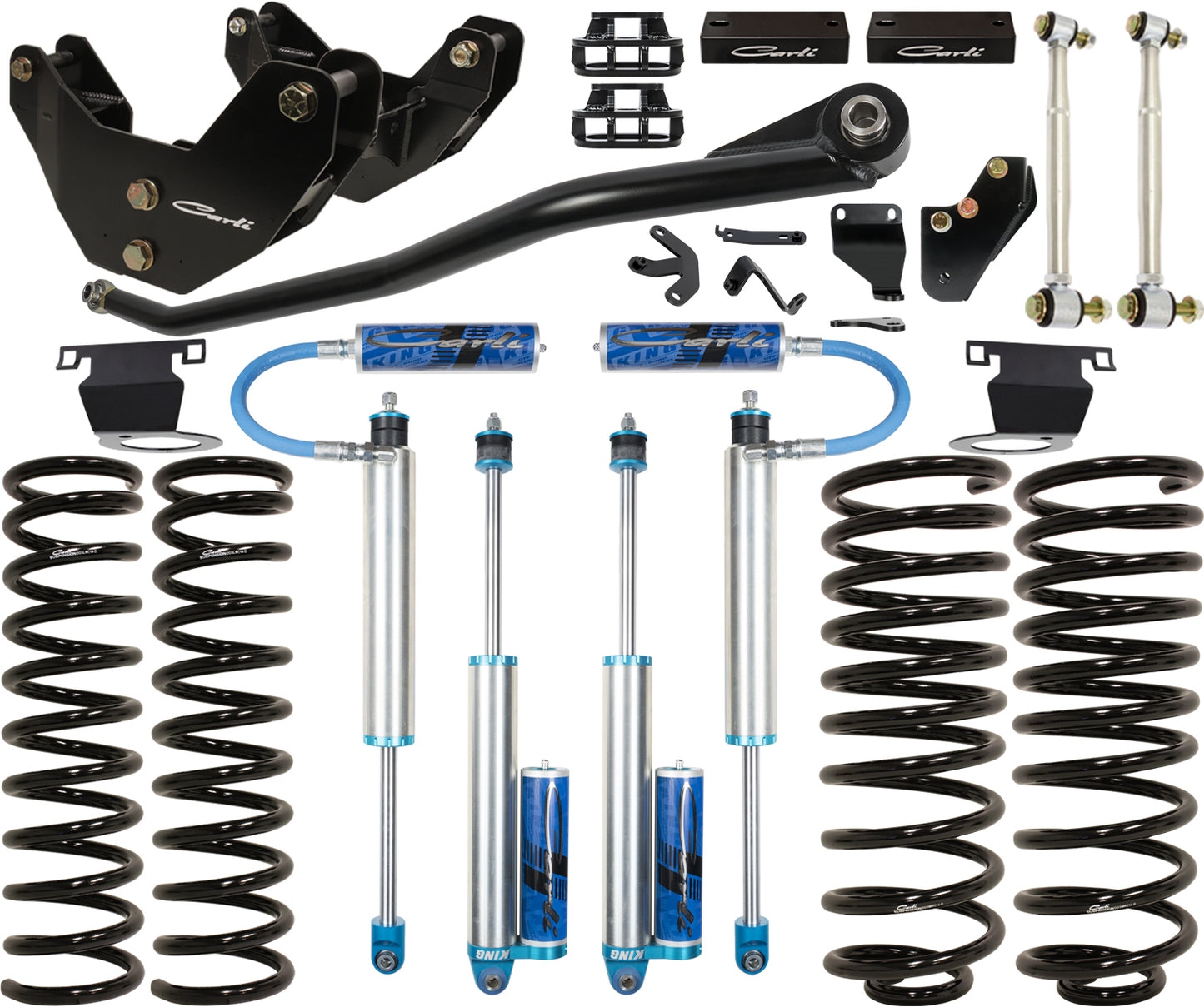 Displayed against a white background are various car suspension components, including Remote Reservoir King Shocks with blue accents, coil springs, control arms, and related hardware. Perfect for upgrading your ride with the Carli Suspension 19-24 Ram 2500 (4WD - Coil/Coil) HEMI 3.0" Lift Pintop System.