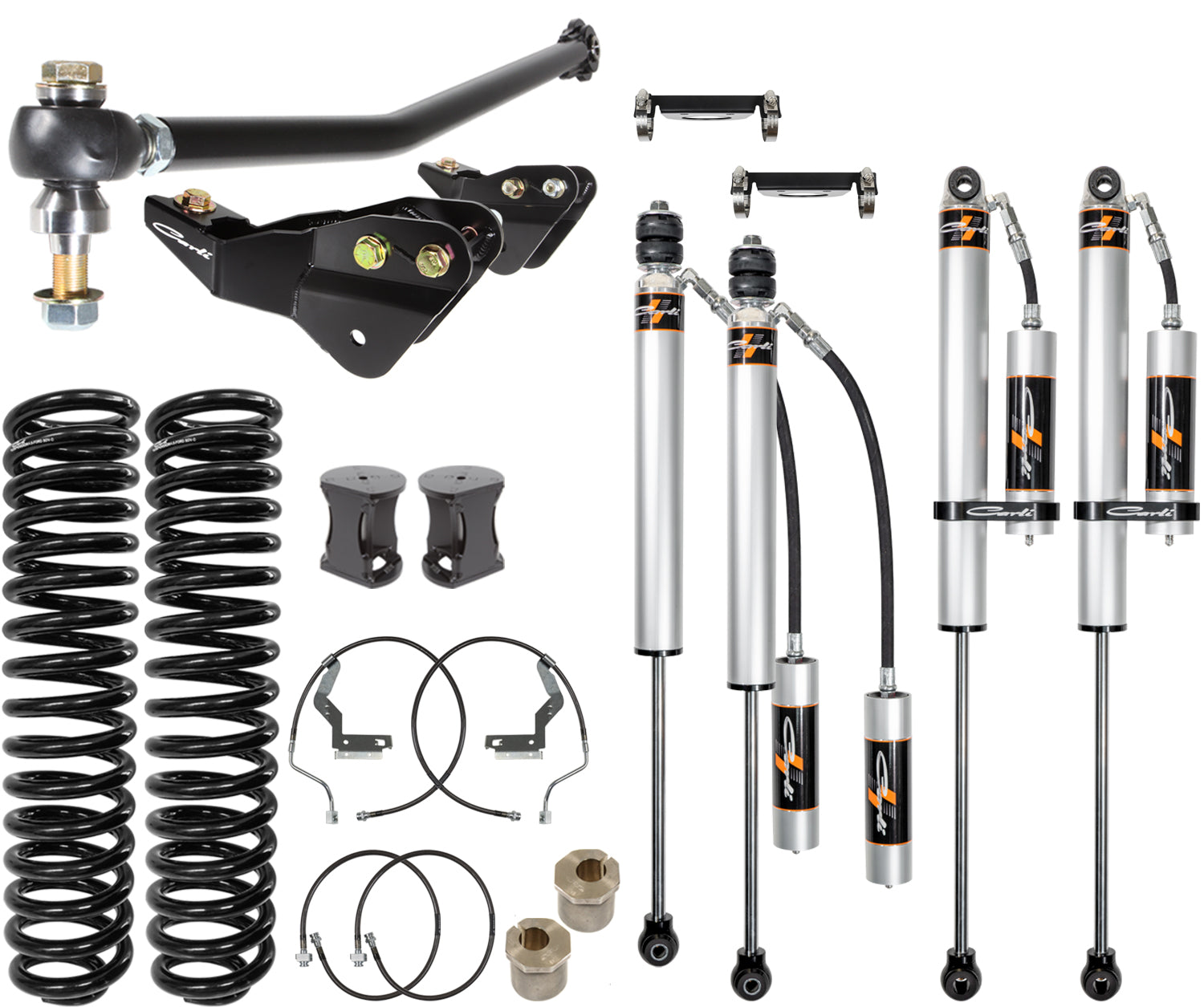 A Carli Suspension 17-22 Ford F-250/F-350 (4WD) Diesel 4.5"/5.5" Backcountry System, tailored specifically for the Ford F250/F350, includes four shock absorbers, two coil springs, control arms, mounts, and various brackets and hardware components elegantly displayed on a pristine white background.