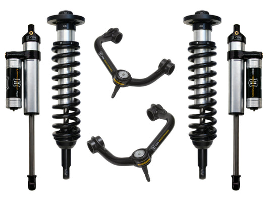 ICON's Stage 3 Suspension System for the 2004-2008 Ford F-150 4WD, adjustable from 0 to 2.63 inches, includes two coilover shocks with coiled springs encasing a cylinder and tubular upper control arms. The arms feature an ICON Delta Joint for enhanced durability, making this system ideal for suspension modification or repair.