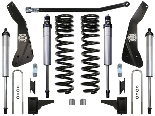 The ICON 11-16 Ford F-250/F-350 4.5in Stage 2 Suspension System is displayed on a white background, featuring Super Duty suspension components such as two coil springs, ICON 2.5 Series shocks, brackets, and additional hardware, all meticulously designed for automotive use.