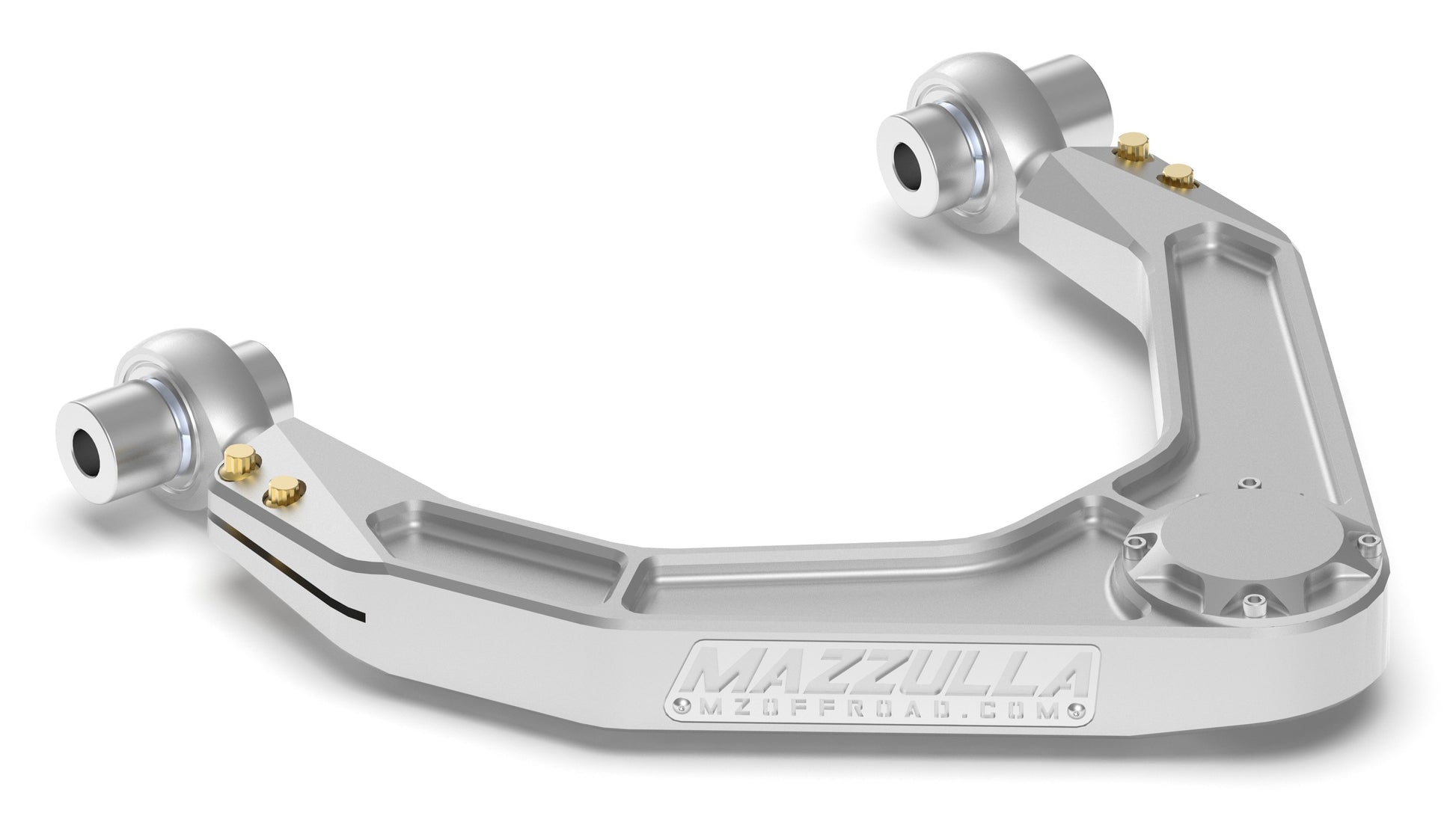 The Mazzulla Offroad 2010-2014 Ford Raptor Billet Upper Control Arms feature a silver, triangular shape with cylindrical connectors at each corner. "Mazzulla" is embossed in the smooth metallic surface, designed to integrate seamlessly with uniball upper control arms.