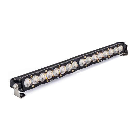 The Baja Designs S8 Series Straight Wide Driving Pattern 20in LED Light Bar, in a sleek black finish reminiscent of its design, features multiple round bulbs. Mounted on a metal bracket and angled slightly to the right, it showcases its modern structure and wide driving pattern for optimal visibility.