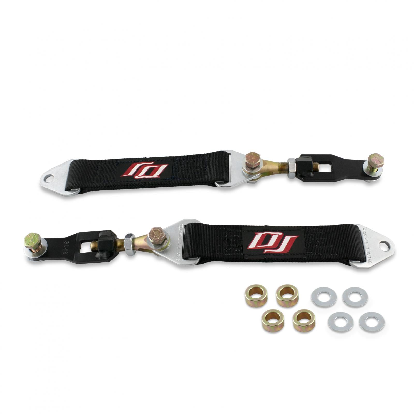 Two adjustable Cognito Motorsports black nylon tow straps with metal components and label logos, ideal for a dual shock hoop setup or the Cognito Limit Strap Kit Front 10-12 Inch For 01-10 Silverado/Sierra 2500/3500 2WD/4WD, are displayed horizontally. Seven round metal washers and six cylindrical metal spacers are also shown, arranged neatly below the straps.