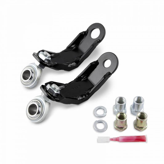 The Cognito Motorsports Pitman Idler Arm Support Kit, designed for 93-98 Silverado/Sierra 1500-3500 2WD/4WD GM trucks and SUVs, includes a pair of black automotive brackets with attached metal joints. It comes with four metal nuts, two washers, and a small tube of red adhesive, all neatly displayed on a white background.