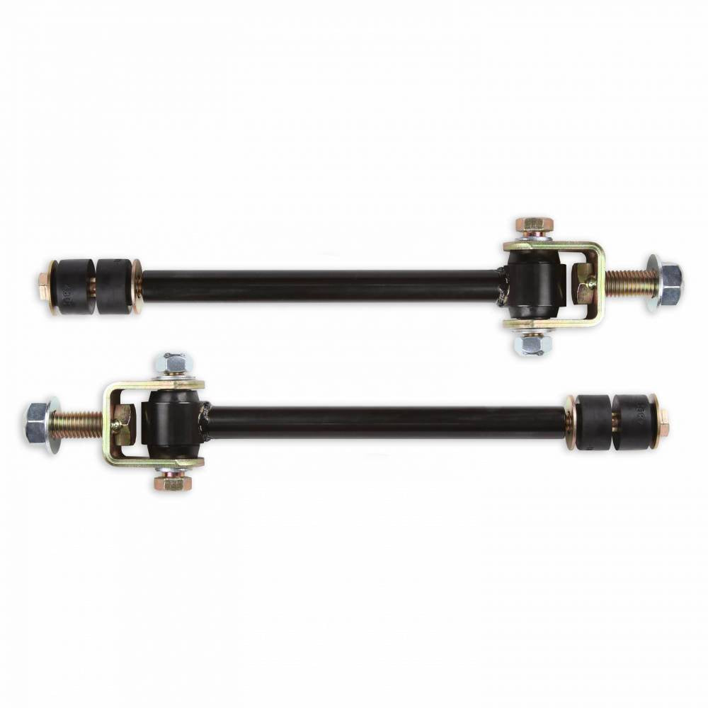 Two black metal Heavy-Duty Cognito Front Sway Bar End Links for 4-6 inch lifts on 01-19 2500/3500 2WD/4WD vehicles, with bolts and bushings on each end. Each link features a U-shaped bracket at one end, with visible nuts and washers. These components are typically used in vehicle suspension systems. The background is white.

