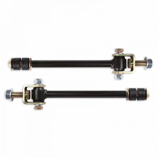 Two black metal Heavy-Duty Cognito Front Sway Bar End Links for 4-6 inch lifts on 01-19 2500/3500 2WD/4WD vehicles, with bolts and bushings on each end. Each link features a U-shaped bracket at one end, with visible nuts and washers. These components are typically used in vehicle suspension systems. The background is white.

