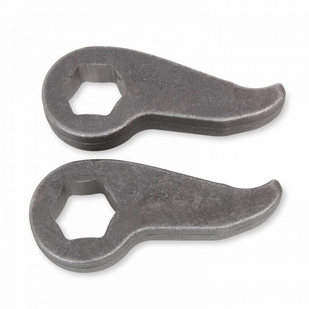 Two gray steel lever arms with hexagonal holes, used as torsion bar keys for leveling kits, specifically the Cognito Torsion Bar Keys for 11-19 Silverado/Sierra 2500/3500 2WD/4WD by Cognito Motorsports. Each lever has a short, curved shape and a blunt edge. The surface has a textured, unpolished finish. The background is plain white, highlighting the levers.