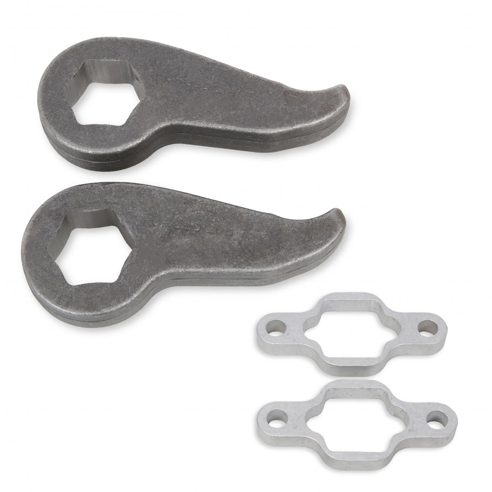 The Cognito Motorsports Economy Leveling Kit for 11-19 Silverado/Sierra 2500/3500 2WD/4WD includes two metallic torsion bar keys with hexagonal holes (top) and two small, silver brackets with four-lobed, symmetrical cutouts (bottom), all arranged on a white background. These components are perfect for your front lift kit installation.