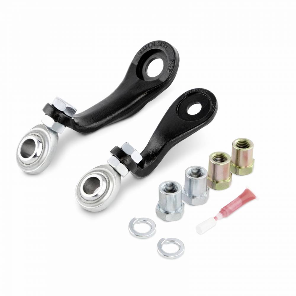 The image showcases the Cognito Forged Pitman Idler Arm Support Kit for 2001-2010 Silverado/Sierra 2500/3500 2WD and 4WD by Cognito Motorsports, featuring two black metal Pitman and Idler arms with spherical rod ends. The kit also includes washers, various sizes of nuts, and a small tube of red thread locker, all arranged on a white background.