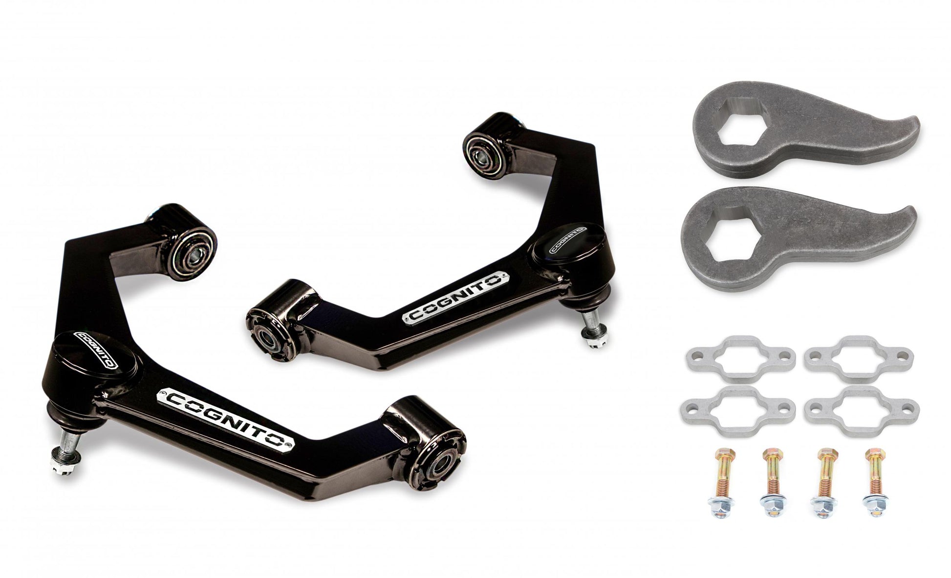 The image showcases the Cognito Motorsports 3-Inch Standard Leveling Kit for 2011-2019 Silverado/Sierra 2500/3500 2WD/4WD. The kit includes a set of black upper control arms, torsion bar keys, and bolt-on ball joint spacers, all neatly arranged on a white background to highlight an ideal vehicle enhancement solution.