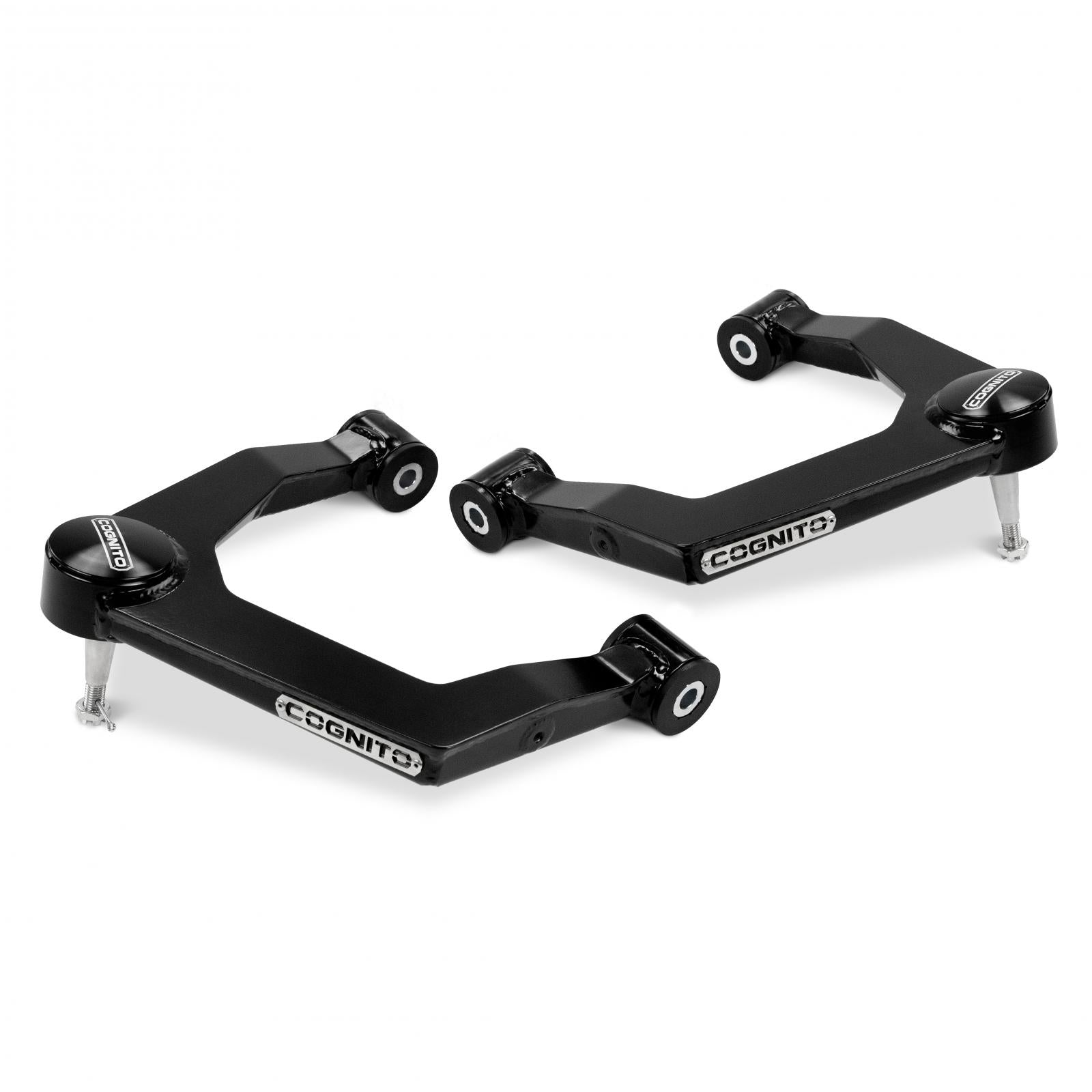 The Cognito Ball Joint SM Series Upper Control Arm Kit by Cognito Motorsports is designed for 2019-2024 Chevy Silverado 1500 and GMC Sierra 1500, including AT4 and Trail Boss models, providing enhanced suspension performance in lifted and leveled applications. These sleek black upper control arms feature the "Cognito" logo on each arm, along with durable bushings and mounting points.