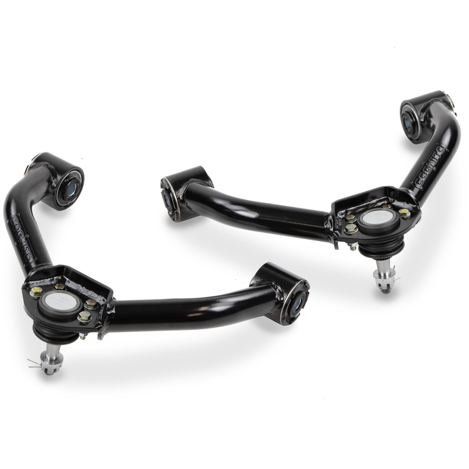 Shown on a white background, the Cognito Ball Joint Upper Control Arm Kit by Cognito Motorsports for 20-24 Silverado/Sierra 2500/3500 2WD/4WD features a pair of black upper control arms designed for lifted applications. These clean and new parts include ball joints and bushings installed at the connecting points to maintain optimal ball joint angles.