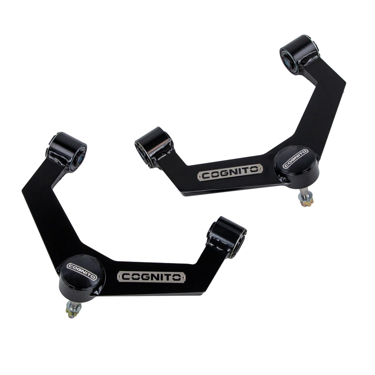 Two black mechanical parts with the brand name "Cognito Motorsports" prominently displayed. These suspension components, featuring precision uniball joints, are part of the Cognito Uniball SM Series Upper Control Arm Kit for 20-24 Silverado/Sierra 2500/3500 2WD/4WD, made of metal and designed for leveled and lifted applications. The parts are on a plain white background.