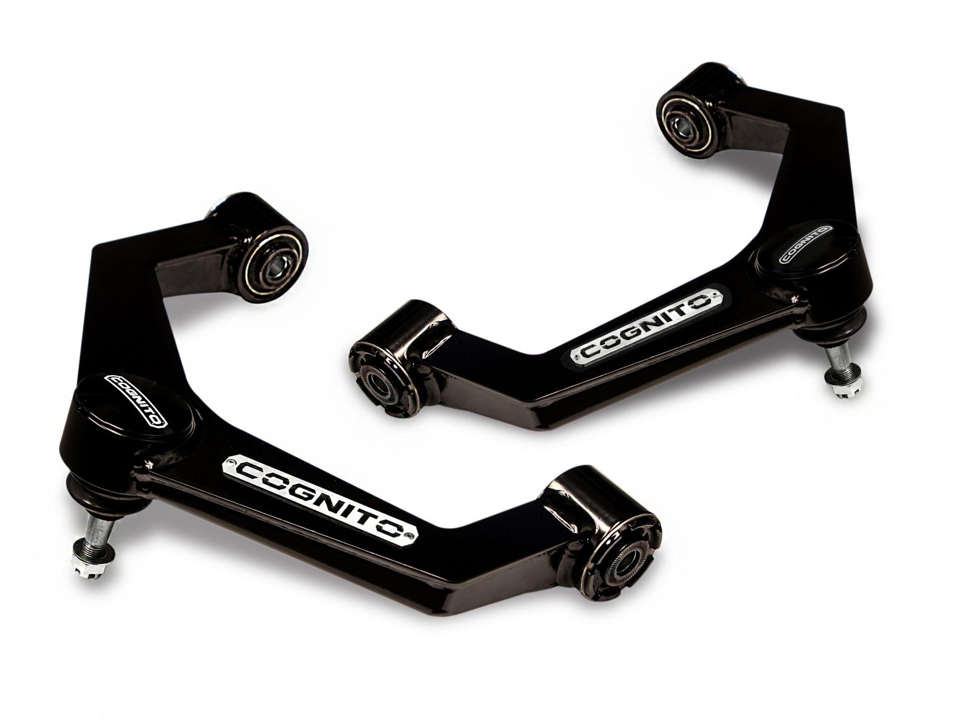 A pair of black steel control arms with silver bolt fittings, each labeled with a white "COGNITO" logo. The Cognito Ball Joint SM Series Upper Control Arm Kit for 2020-2024 Silverado/Sierra 2500/3500 2WD/4WD features pre-installed maintenance-free ball joints, positioned on a white background. The control arms appear clean and new, specifically designed by Cognito Motorsports for vehicle suspension systems.