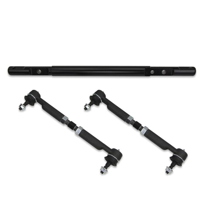 Image of three car suspension components: a long, black cylindrical rod at the top and two shorter rods with ball joints and adjustable sections below it. These are the Cognito Extreme Duty Tie Rod Center Link Kit for 2011-2024 Silverado/Sierra 2500/3500 2WD/4WD by Cognito Motorsports, appearing to be parts for an automotive steering or suspension system.