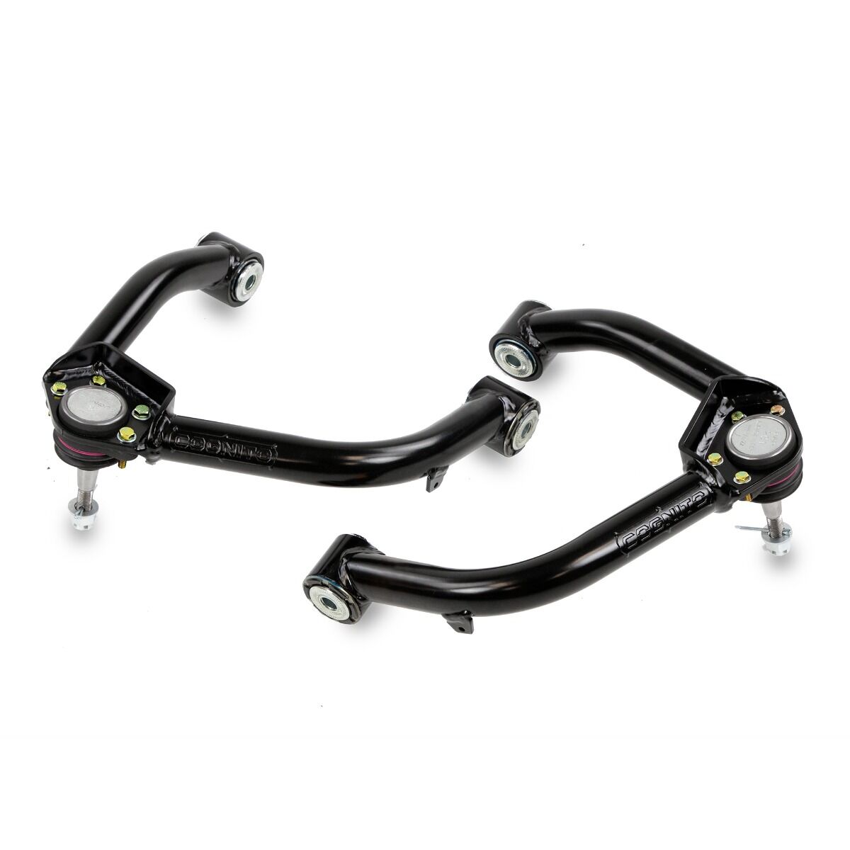 A pair of black metal upper control arms, specifically the Ball Joint Upper Control Arm Kit for 19-24 Silverado/Sierra 1500 2WD/4WD including AT4 and Trail Boss, designed by Cognito Motorsports for suspension improvement. They feature ball joints and bushings and are placed against a white background, angled slightly towards each other.