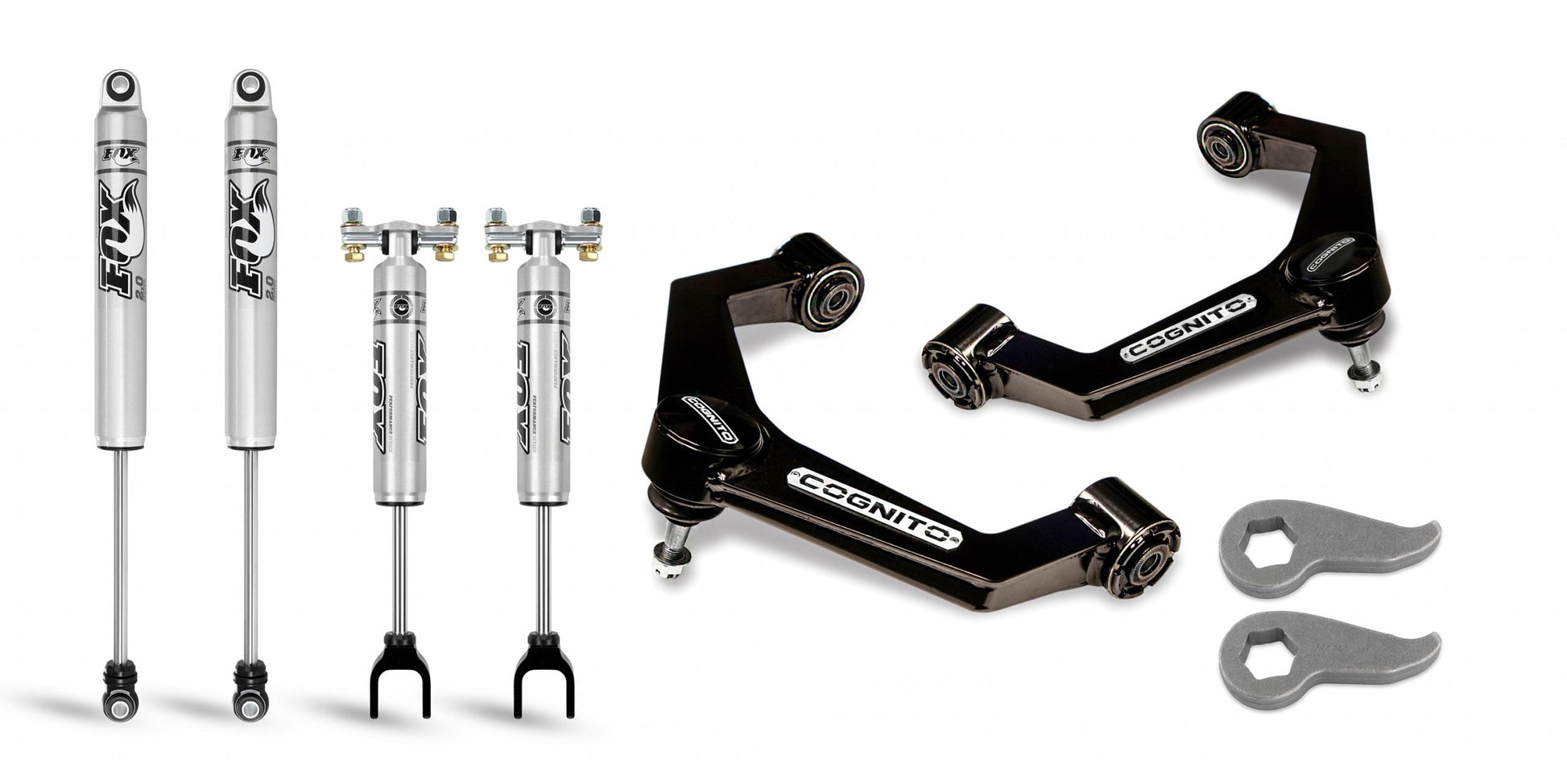 The Cognito 3-Inch Performance Leveling Kit with Fox PS 2.0 IFP Shocks for 2020-2024 Silverado/Sierra 2500/3500 2WD/4WD by Cognito Motorsports is showcased on a white background. The set includes two silver shock absorbers with labels, two smaller silver dampers with forked ends, black upper control arms, and two gray adjustment tools.