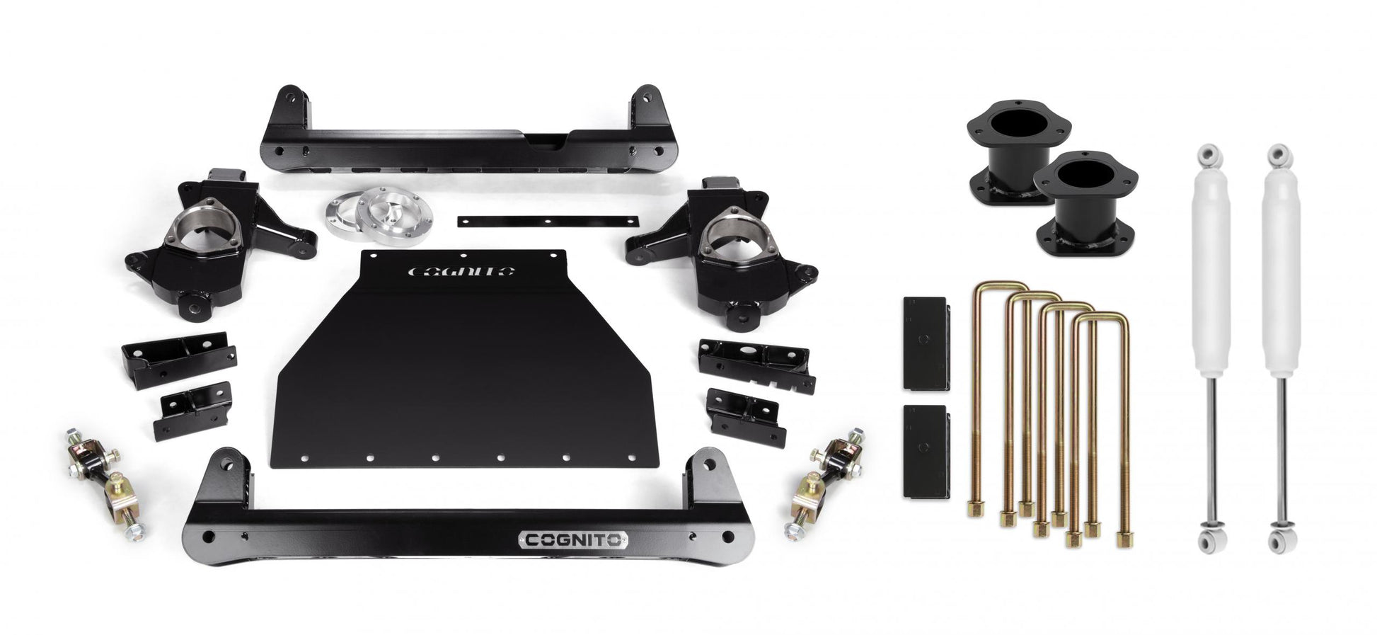 A collection of various vehicle suspension components laid out on a white background, including brackets, spacers, bolts, and shocks. The Cognito Motorsports logo is visible on a black metal skid plate and a crossmember, showcasing elements from the Cognito 4-Inch Standard Lift Kit for 14-18 Silverado/Sierra 1500 2WD/4WD with OE Stamped Steel/Aluminum Arms.