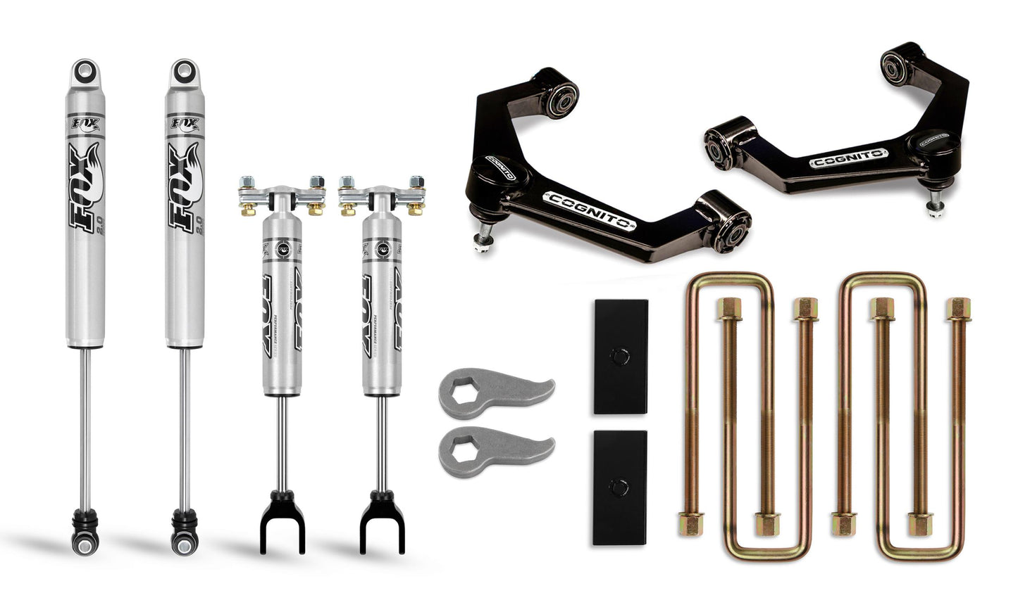 Components from the Cognito 3-Inch Performance Leveling Lift Kit With Fox PS 2.0 IFP Shocks for 20-24 Silverado/Sierra 2500/3500 2WD/4WD by Cognito Motorsports, including FOX shock absorbers, black upper control arms, torsion bar keys, U-bolts, and other hardware parts laid out on a white background.