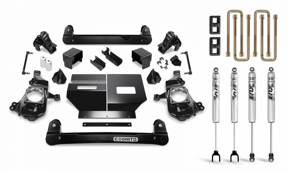 A collection of black automotive suspension components, including Fox PS 2.0 IFP shocks, brackets, bolts, and mounting hardware, organized neatly on a white background. The Cognito Motorsports components are branded with "Cognito" and include parts of varying sizes and shapes, ideal for the Cognito 4-Inch Standard Lift Kit with Fox PS 2.0 IFP for 20-24 Silverado/Sierra 2500/3500 2WD/4WD.