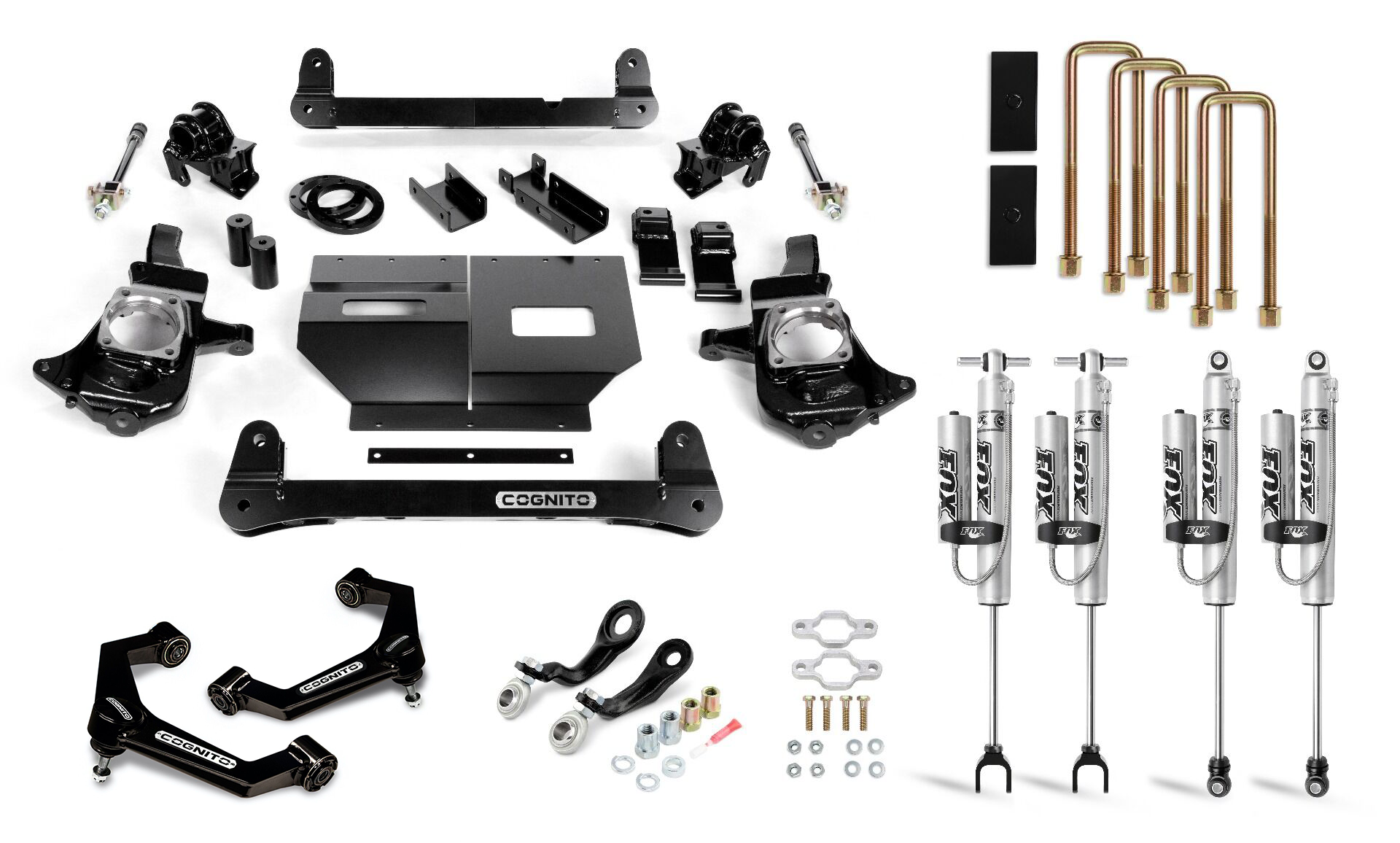 Image of a Cognito 4-Inch Performance Lift Kit with Fox PSRR 2.0 Shocks laid out on a white surface. This Cognito Motorsports lift kit includes various components such as control arms, shock absorbers, mounting brackets, U-bolts, spacers, and other hardware pieces designed for Non-Torsion Bar Drop suspension enhancement on 2011-2019 Silverado/Sierra 2500/3500 vehicles (2WD/4WD).