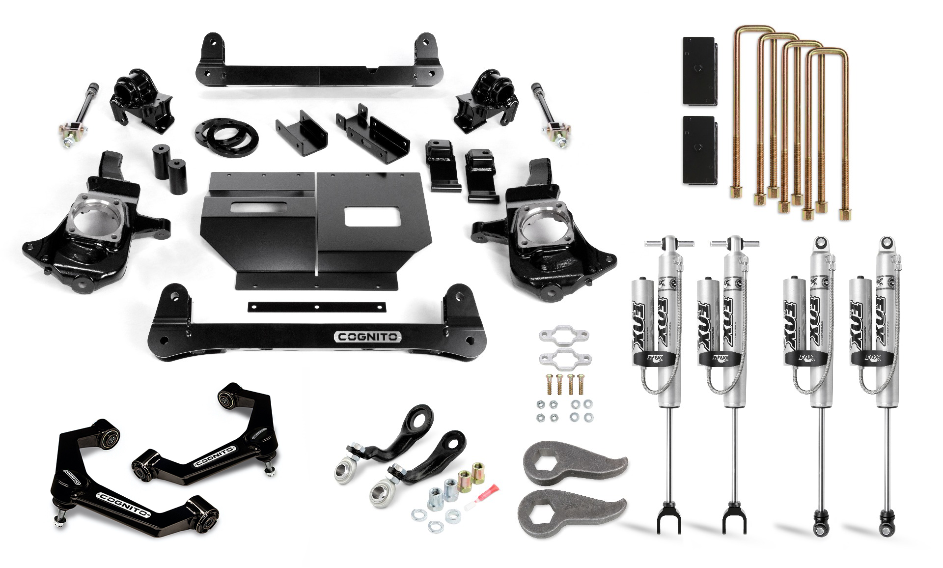 A full Silverado lift kit spread out on a white background, includes control arms, shock absorbers, u-bolts, brackets, and various hardware. Components are black and silver with Cognito branding. This comprehensive set is the Cognito Motorsports 6-Inch Performance Lift Kit with Fox PSRR 2.0 Shocks for 2011-2019 Silverado/Sierra 2500/3500 2WD/4WD and even features a Pitman and Idler Arm Support Kit for enhanced performance.