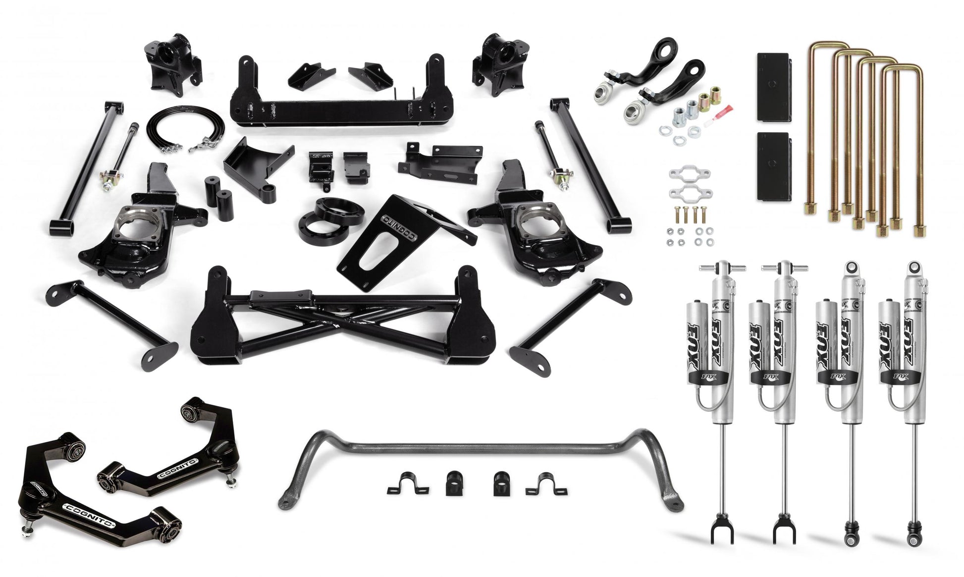 The Cognito 7-Inch Performance Lift Kit with Fox PSRR 2.0 Shocks for 11-19 Silverado/Sierra 2500/3500 2WD/4WD by Cognito Motorsports is meticulously laid out, showcasing essential components like shock absorbers, U-bolts, brackets, upper control arms, and various hardware. The predominantly black and silver parts are neatly arranged against a plain white background.