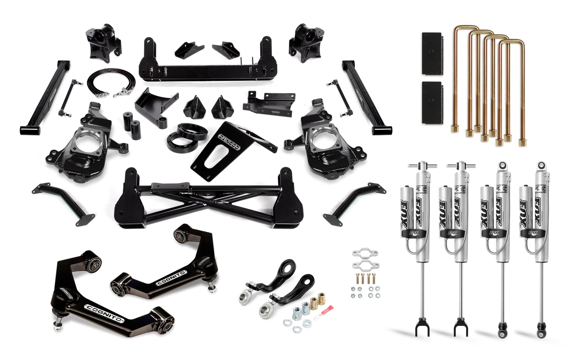 Introducing the Cognito Motorsports 7-Inch Performance Lift Kit with Fox PSRR 2.0 Shocks, specifically designed for the 2020-2024 Silverado and Sierra 2500/3500, both 2WD and 4WD models. This kit includes a collection of black Cognito components like brackets, crossmembers, control arms, U-bolts, various bolts, nuts, washers, and four Fox shocks featuring silver bodies and black springs.