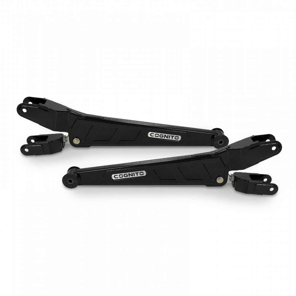 The image features two black heavy-duty control arms labeled with the brand "Cognito Motorsports." The Cognito SM Series Radius Arm Kit, designed for vehicle suspension systems on 05-22 Ford F-250/F-350 4WD and 17-19 F450 4WD models, boasts a sleek and robust design with adjustable caster mounting brackets on either side. Positioned parallel to each other, these control arms ensure enhanced performance and durability.