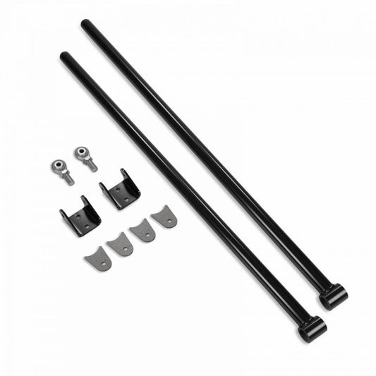 The Cognito 44 Inch Universal Traction Bar Kit by Cognito Motorsports, featuring two black metal rods with brackets, small fittings, and durable polyurethane bushings, is displayed on a white background.