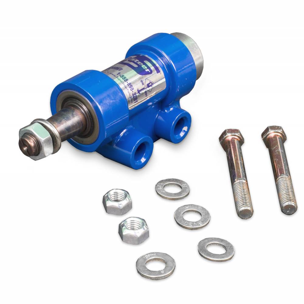 A blue hydraulic cylinder with a metal rod extended, featuring several bolts, washers, and nuts placed beside it. The cylinder has a label with text and a logo from Cognito Motorsports. The set includes two long bolts, two nuts, and four washers, designed as the Supersteer Idler Arm Support for 11-24 Silverado/Sierra 2500/3500 2WD/4WD models to help reduce steering play in your system.