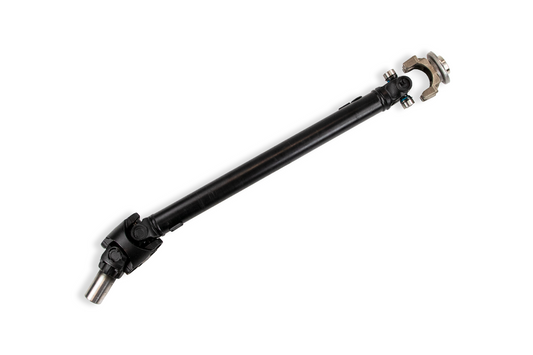 Image of a black Cognito CV Front Driveline designed for 4-6 inch lifts on 2019-2021 Chevrolet Silverado and GMC Sierra 1500 trucks, featuring a universal joint at each end. The robust CV driveline system is placed diagonally against a white background, emphasizing its sturdy construction.