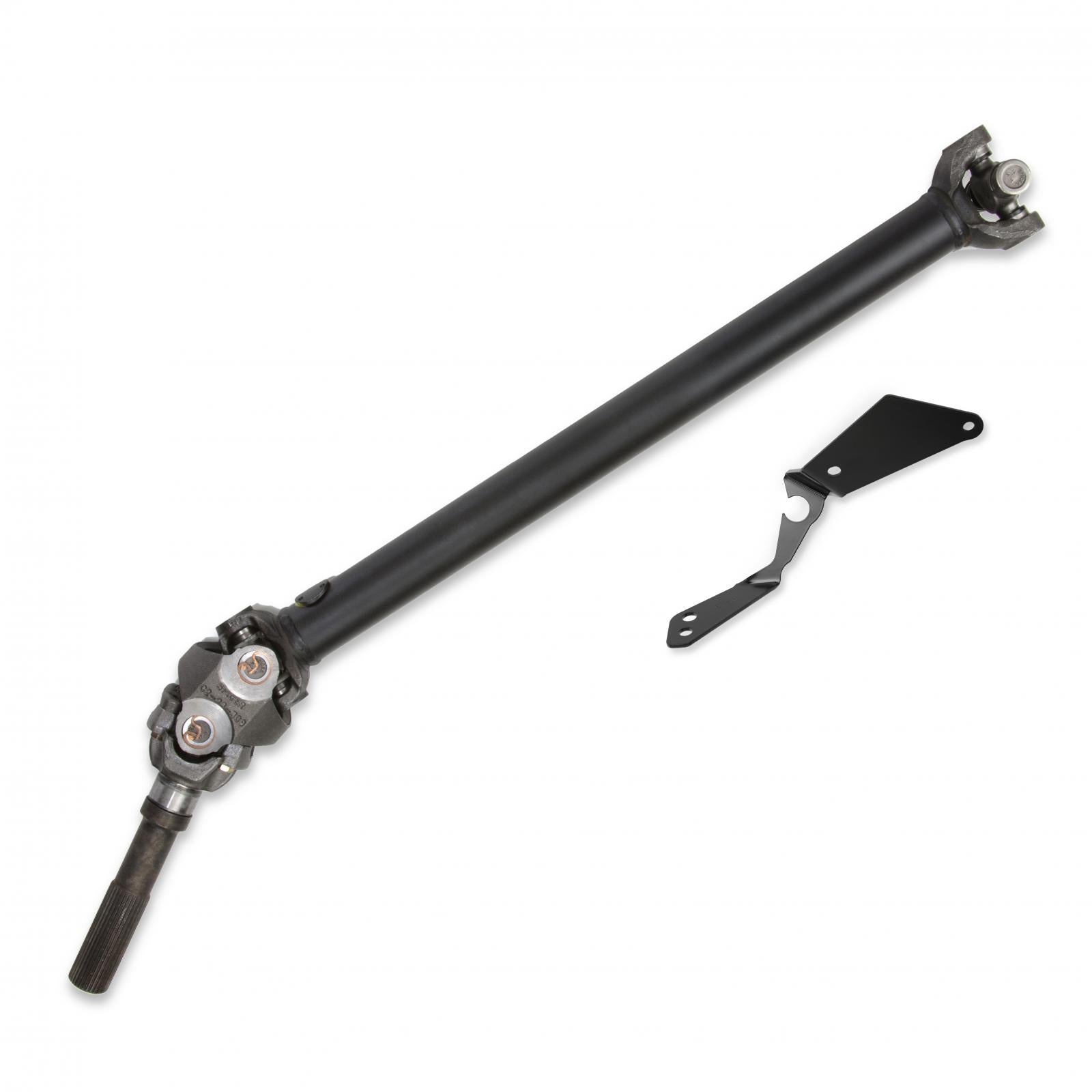 A black automotive drive shaft with universal joints on both ends is displayed against a white background. A small, separate black metal bracket with mounting holes is placed next to it, showcasing the Cognito Motorsports CV Front Driveline for 4-Inch, 7-Inch, and 10-Inch Cognito lifts on 20-24 GM 2500/3500 HD diesel trucks equipped with 10-speed Allison transmissions.