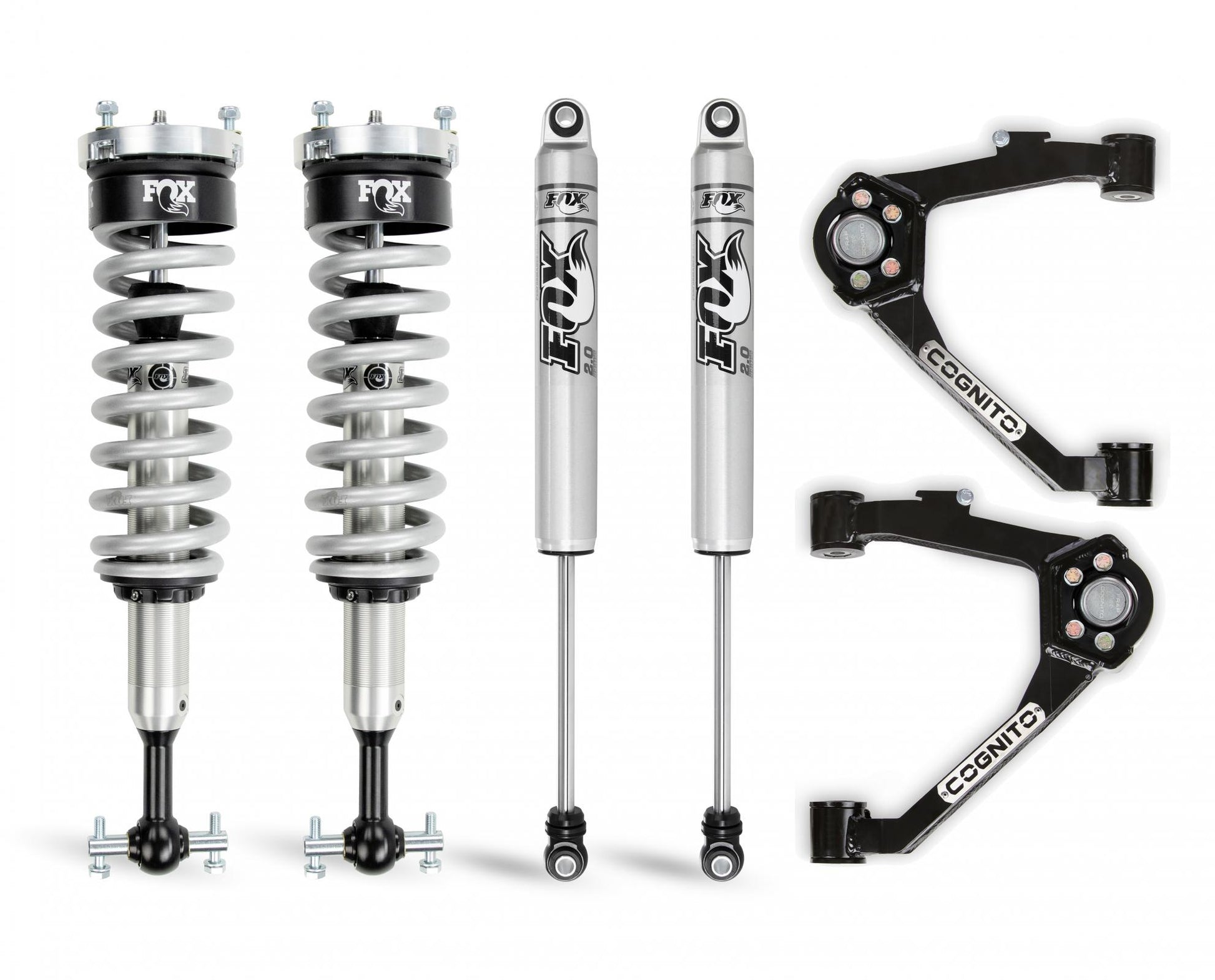 A Cognito Motorsports 3-Inch Performance Leveling Kit with Fox 2.0 IFP Shocks for the 07-18 Silverado/Sierra 1500, designed for both 2WD and 4WD models with OEM cast steel control arms, featuring sleek black Cognito Ball Joint Upper Control Arms. The components are elegantly displayed on a white background.