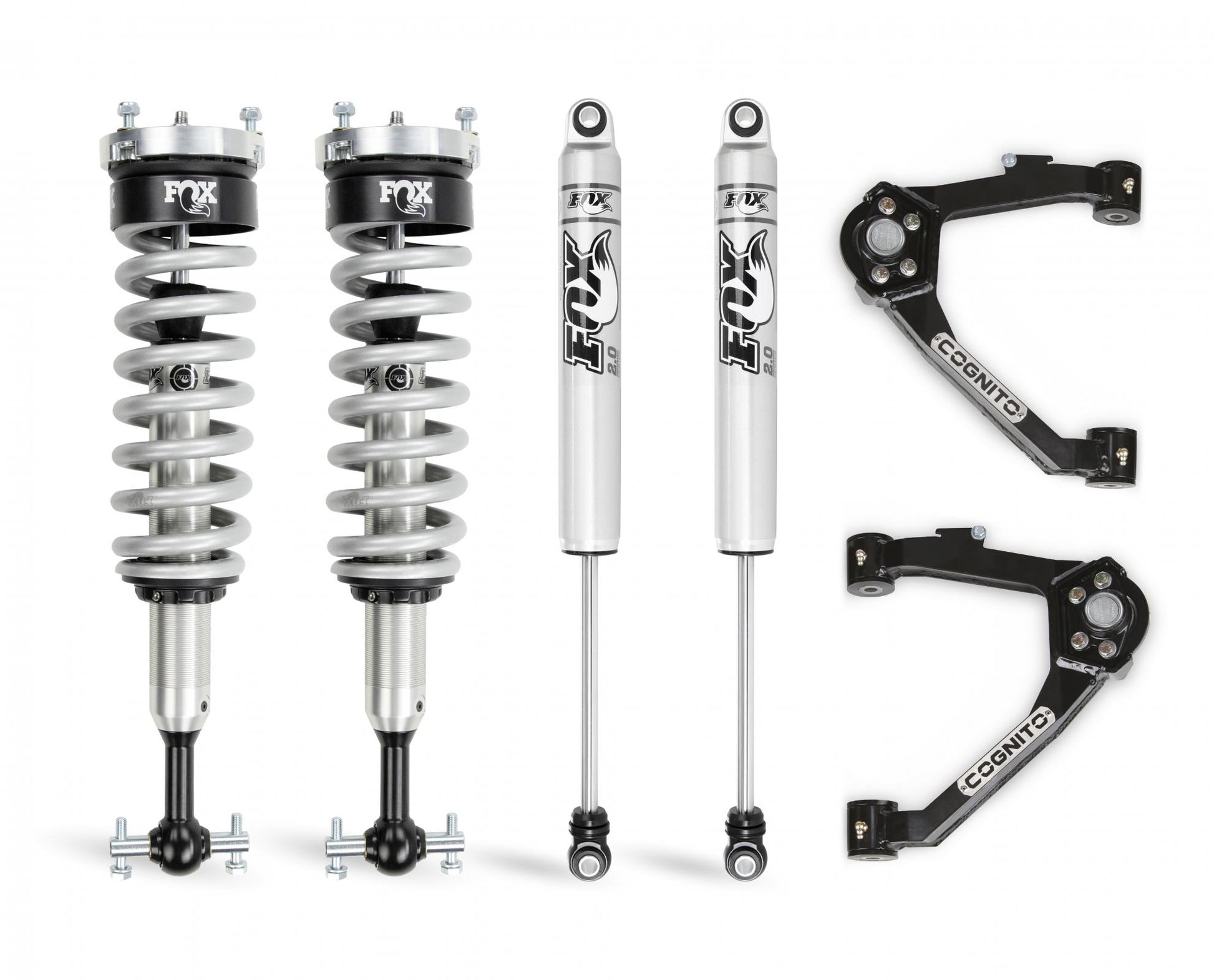 Image of vehicle suspension components, featuring Fox 2.0 IFP Shocks with "Fox" branding and Cognito SM Series Upper Control Arms, part of the Cognito 3-Inch Performance Leveling Kit by Cognito Motorsports for the 2014-2018 Silverado/Sierra 1500 2WD/4WD with OEM stamped steel or cast aluminum control arms, all arranged against a white background.