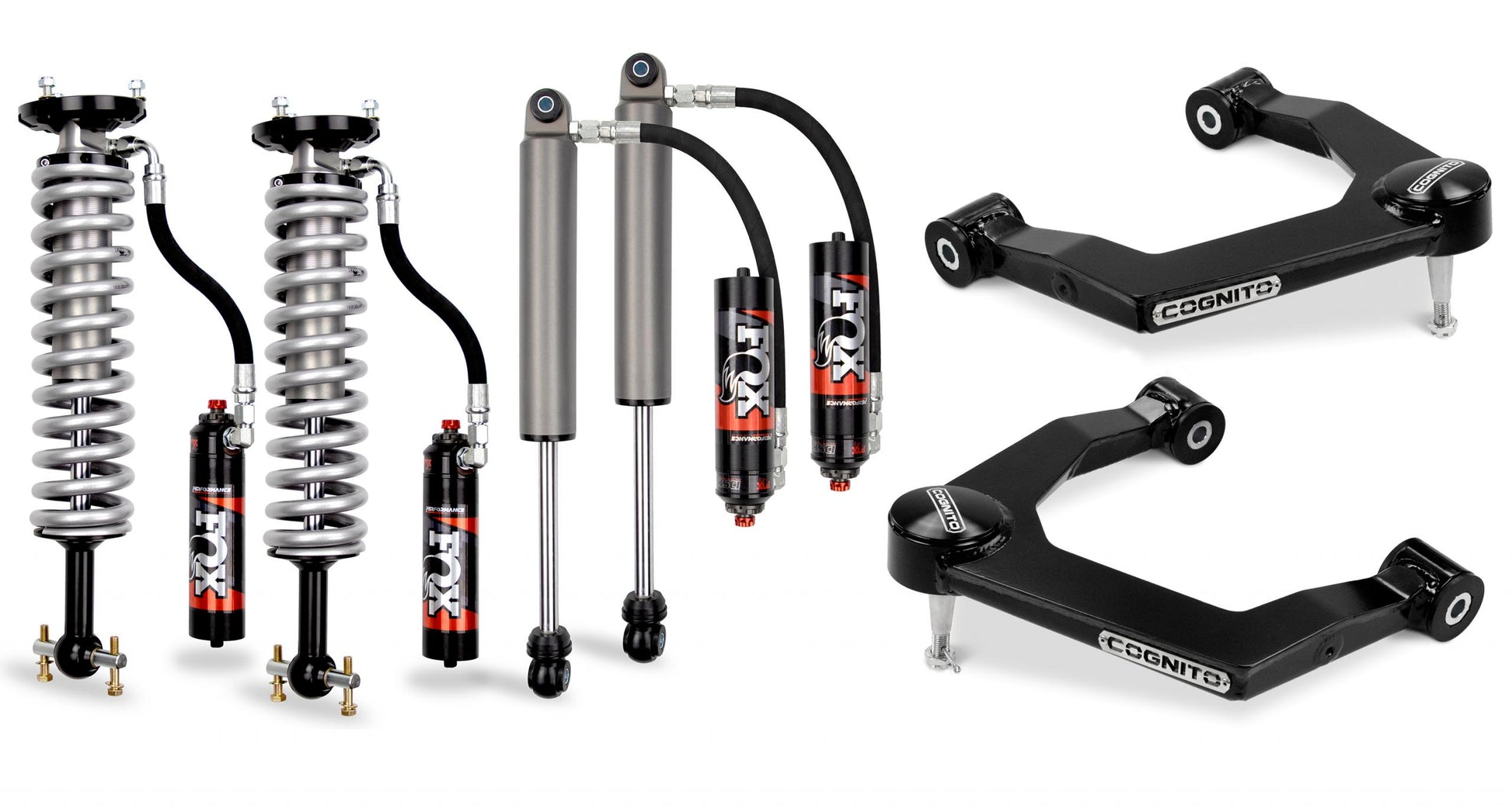 Image showing a set of automotive suspension components, including two Fox Elite 2.5 reservoir shocks, two additional shock absorbers with remote reservoirs, and two black control arms labeled with the Cognito Motorsports brand. Perfect for the Cognito 3-Inch Elite Leveling Kit for 19-24 Silverado/Sierra 1500 2WD/4WD.