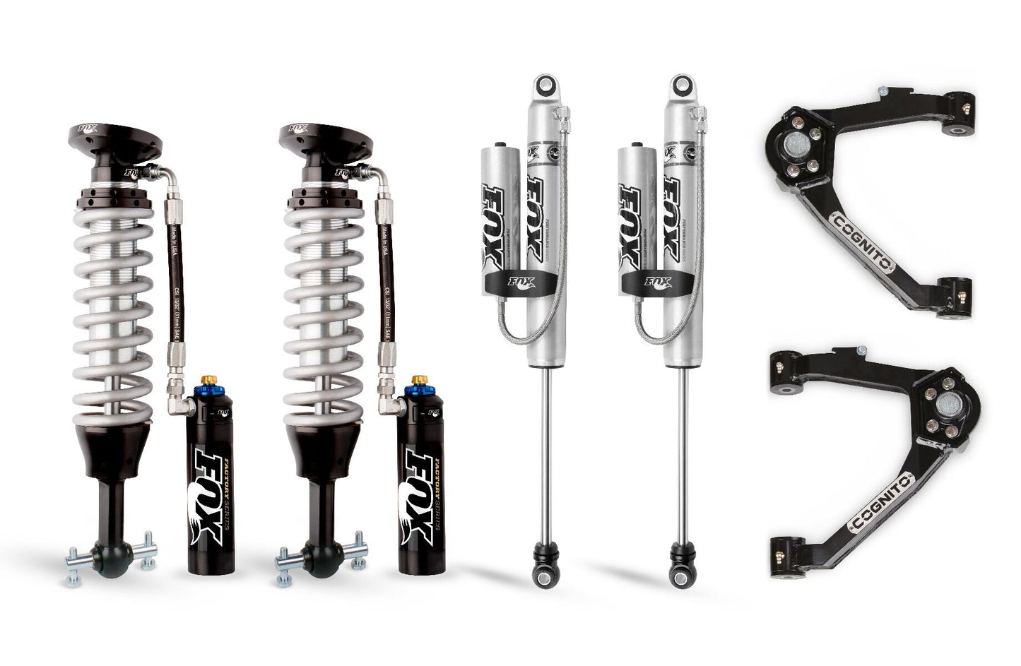 The Cognito 3-Inch Elite Leveling Kit with Fox FSRR Shocks for the 2014-2018 Silverado/Sierra 1500 2WD/4WD includes a comprehensive set of vehicle suspension components. This kit features two premium Fox coilover shock absorbers, two standard shock absorbers with reservoirs, and two high-quality Cognito control arms. Designed to perfectly fit models with OEM Cast Aluminum or Stamped Steel Control Arms, all parts boast metallic finishes accented in black and proudly showcase the "FOX" and "Cognito" logos.