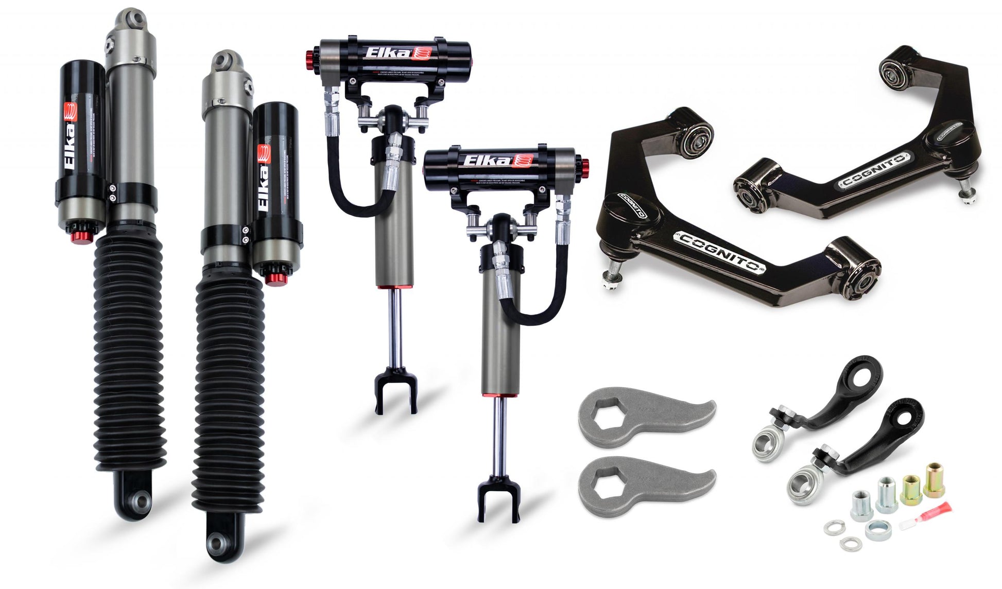 Image displaying a set of off-road vehicle suspension components. Includes four Elka 2.5 Reservoir shocks, two Cognito Motorsports upper control arms, two silver wrenches, and various mounting hardware such as bolts and washers—all essential pieces for the Cognito 3-Inch Elite Leveling Kit for 20-24 Silverado/Sierra 2500-3500 2WD-4WD Trucks.