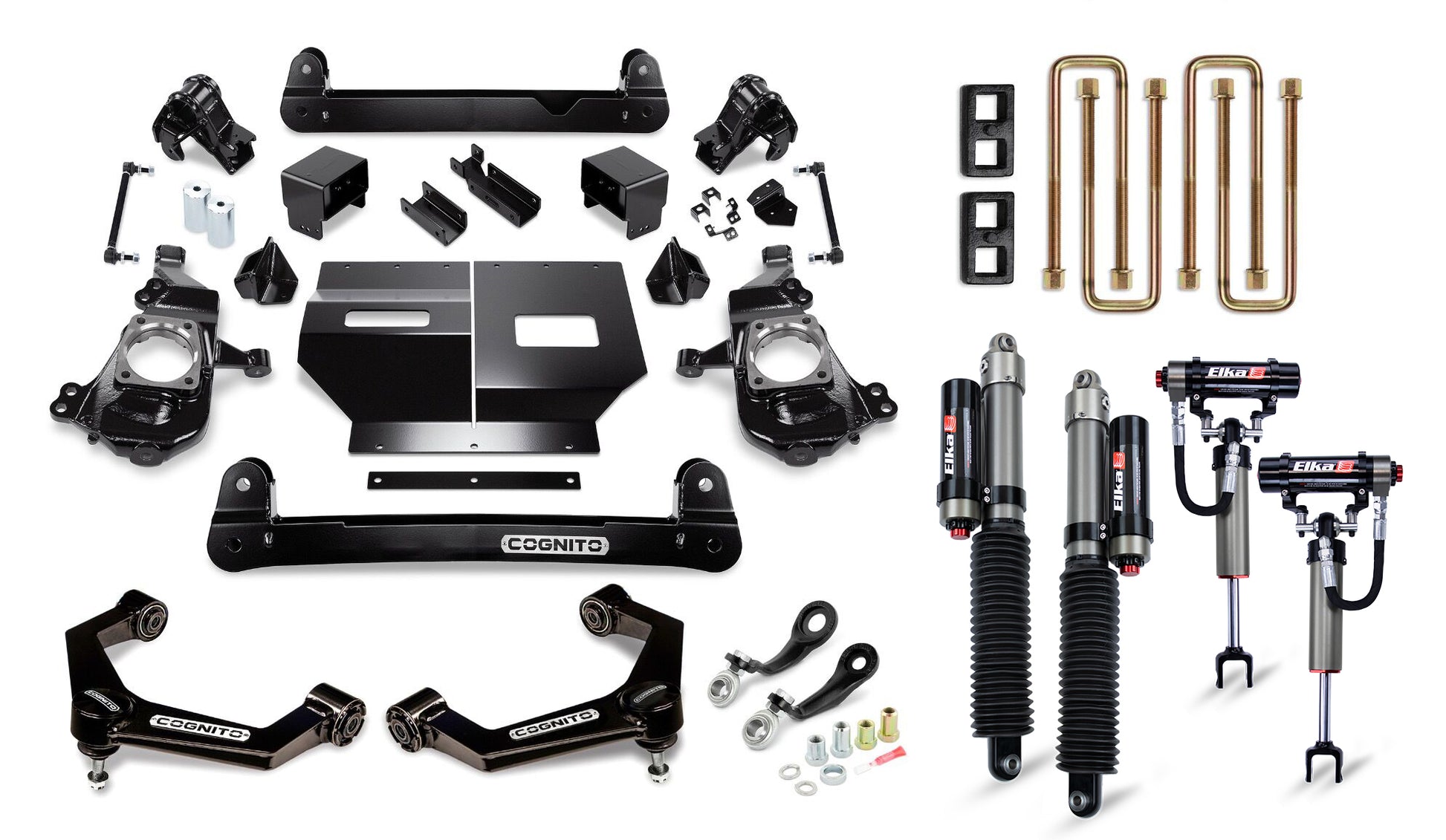 Image showing a collection of Cognito Motorsports components organized neatly. Parts include suspension components, shock absorbers with Elka 2.5 reservoirs, black metal brackets, U-bolts, control arms, and various bolts and hardware—all ideal for the Cognito 4-Inch Elite Lift Kit with Elka 2.5 reservoir shocks for 20-24 Silverado/Sierra 2500/3500 models. The parts prominently feature "Cognito" logos.