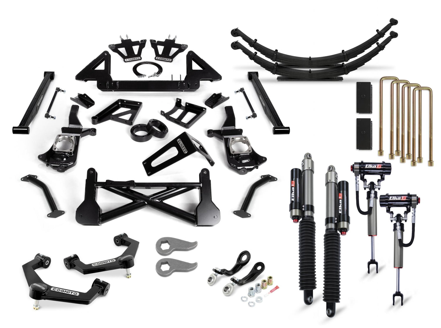 Introducing the Cognito 12 Inch Elite Lift Kit with Elka 2.5 Reservoir Shocks for the 2020-2024 Silverado/Sierra 2500/3500 2WD/4WD by Cognito Motorsports. This kit includes Upper Control Arms, leaf springs, shock absorbers, brackets, U-bolts, and various mounting hardware—all spread out and arranged neatly against a plain white background.