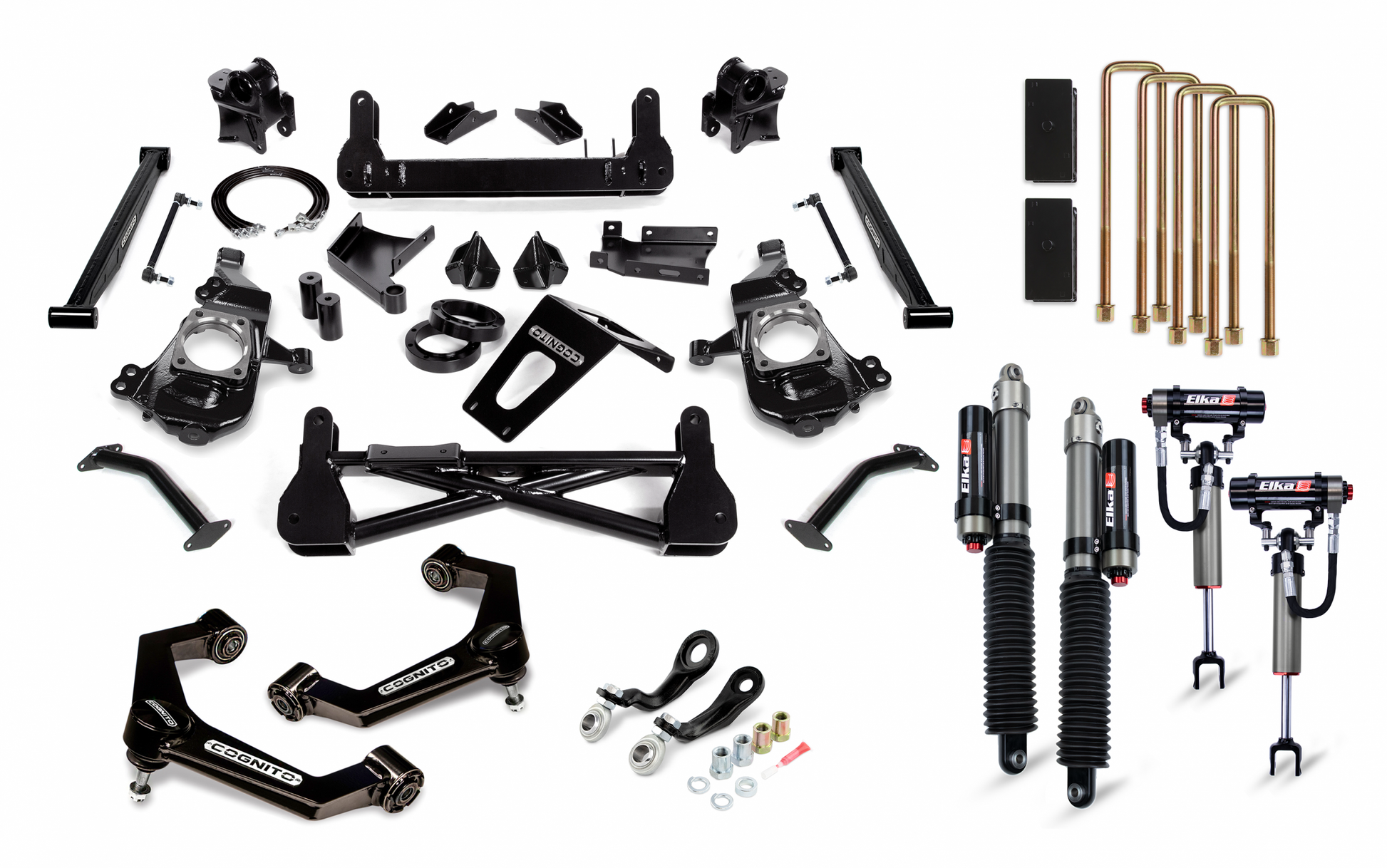 A collection of black and metal automotive parts and accessories for GM 2500/3500 vehicles, including brackets, bolts, suspension components, and shock absorbers arranged neatly on a white surface. The components are from the Cognito 7-Inch Premier Lift Kit with Elka 2.5 Reservoir Shocks For 20-24 Silverado/Sierra 2500/3500 2WD/4WD by Cognito Motorsports, designed for vehicle modification.