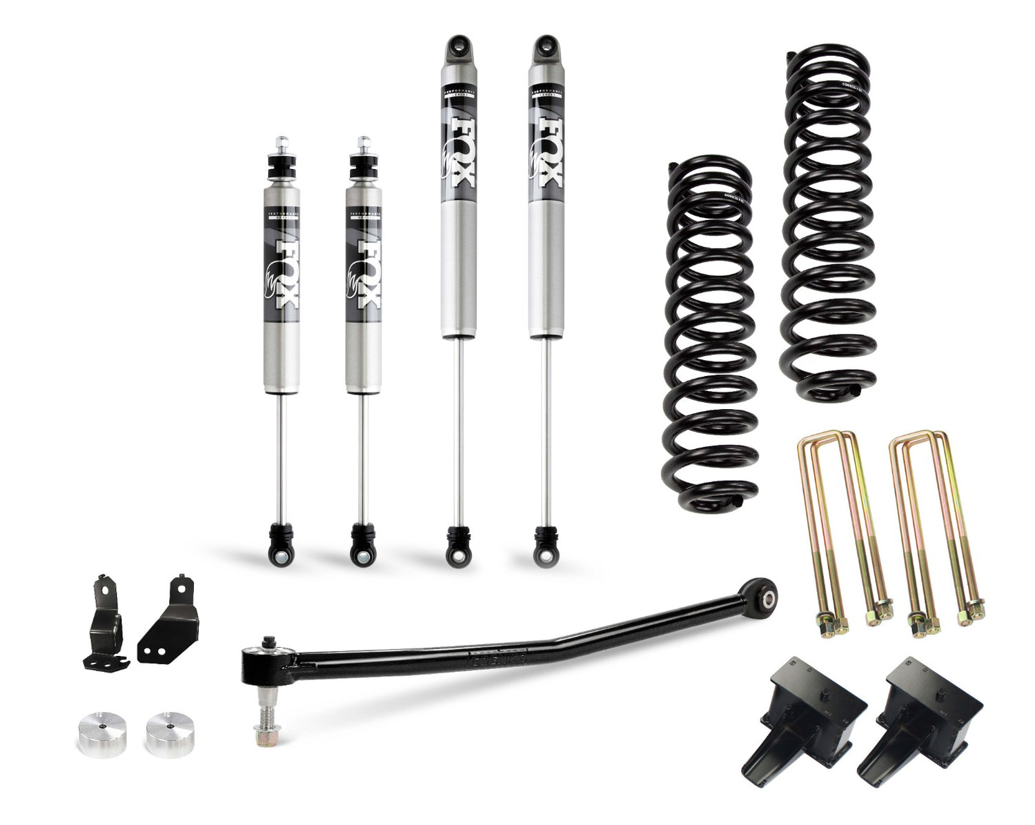 Image of the Cognito 3-Inch Performance Lift Kit with Fox PS 2.0 IFP Shocks for 20-22 Ford F250/F350 4WD trucks by Cognito Motorsports. Displayed are two pairs of Fox shocks, a pair of coil springs, two U-bolts, brackets, mounting hardware, and a long control arm on a white background.