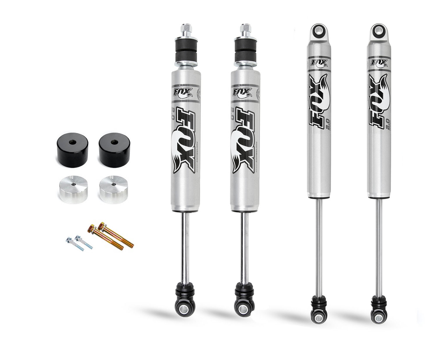 The Cognito 2-Inch Standard Leveling Kit with Fox 2.0 IFP Shocks for 2005-2016 Ford F250/F350 4WD Trucks by Cognito Motorsports includes four silver FOX shocks, two black rubber bushings, two metal spacers, and several bolts and screws. Each shock absorber features the FOX logo. This kit is ideal for enhancing the performance of your 4WD vehicle.
