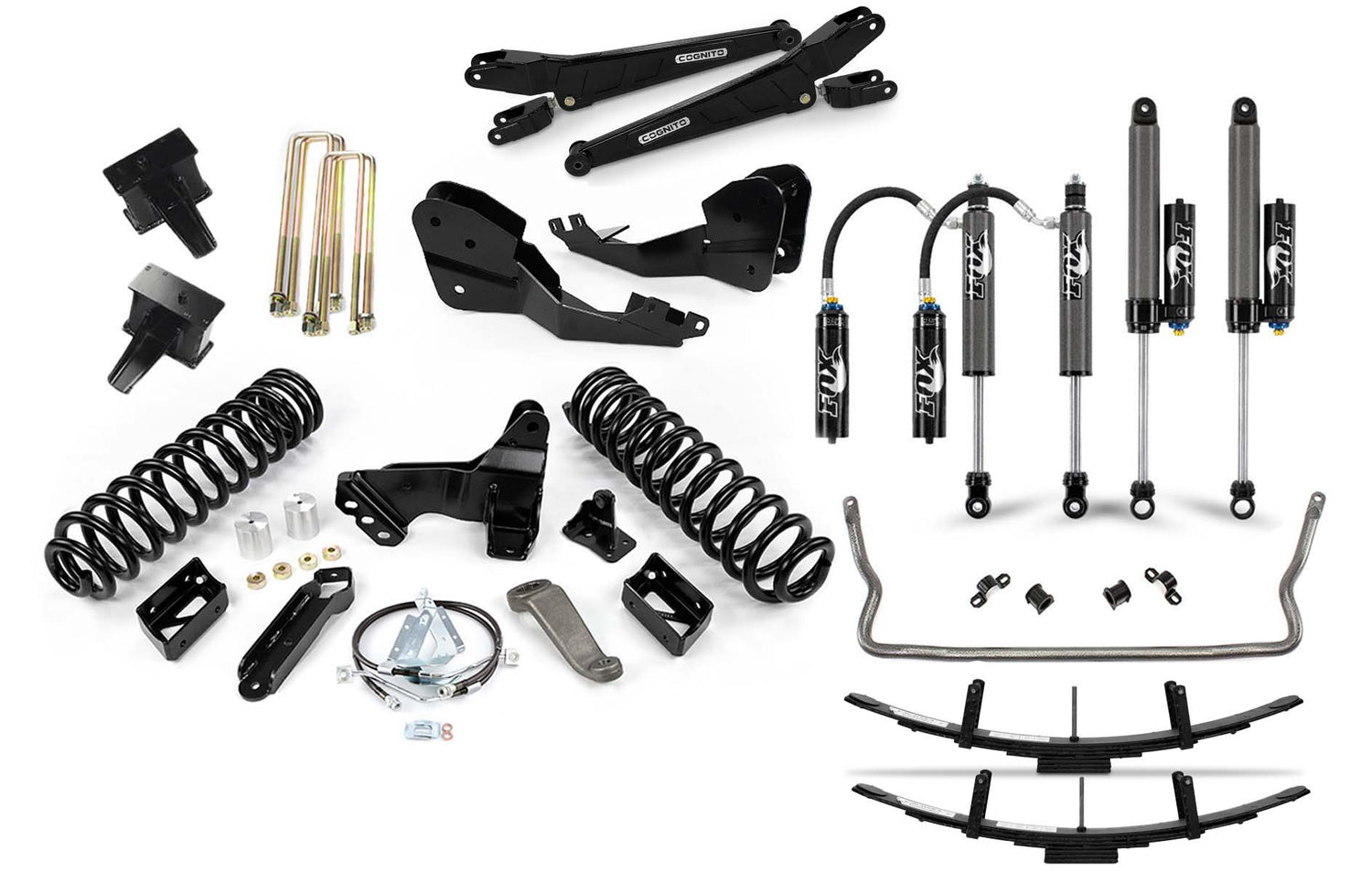 Presenting the 8-9 inch Elite Lift Kit with Fox FSRR 2.5 Shocks for 17-22 Ford F-250/F-350 4WD from Cognito Motorsports, a comprehensive aftermarket suspension lift kit. This meticulously assembled set includes Cognito coil springs, leaf springs, Factory Race Series shocks, brackets, U-bolts, control arms, sway bars, and an assortment of hardware components in sleek black and metallic finishes.