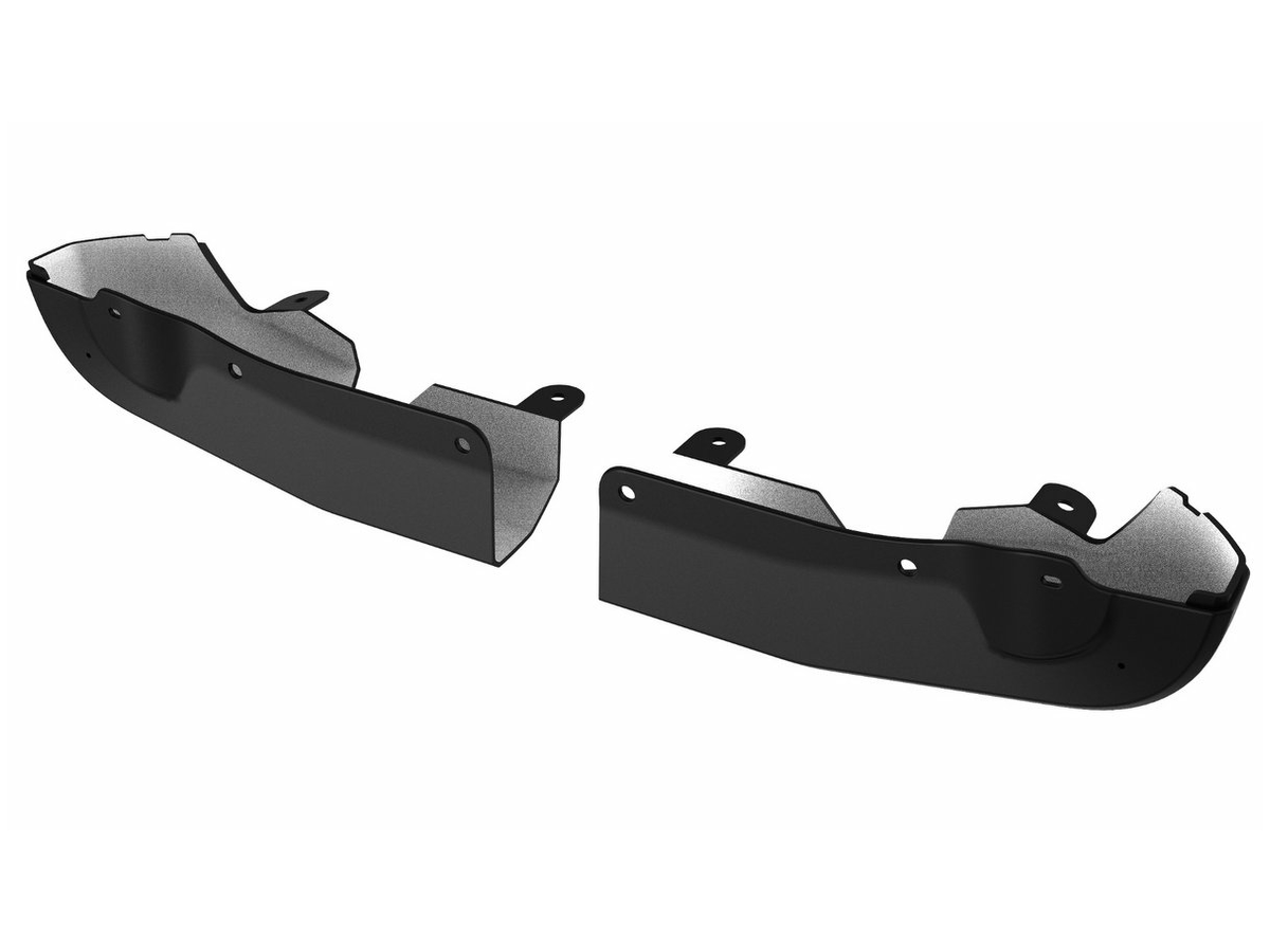 The LTW Motorsports 2020-2024 Chevy 2500 HD Front Mud Flap Delete Kit includes two black, L-shaped automotive parts with mounting brackets specifically designed for the Chevrolet 2500 HD models from 2020 onward. This pair of components, intended for installation on opposite sides of the vehicle, features a smooth surface with angles and cutouts to ensure a precise fit.