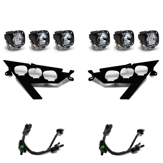 The Baja Designs 2020+ RZR Pro XP Headlight Kit for Polaris RZR Pro XP Unlimited is ideal for your off-roading needs, featuring four rectangular LED lights with protective covers. It also includes two black mounting brackets with circular cutouts and two wiring harnesses to ensure a seamless fit on your Polaris vehicle.