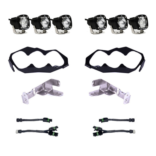 The image features a Baja Designs 2024+ Can-Am Maverick R S1 Headlight Kit, ideal for enhancing your adventure. It includes four off-road lights, mounting brackets, protective covers, and wiring harnesses, arranged in two symmetrical rows on a pristine white background.